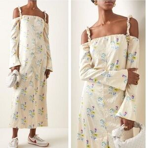 Ganni Floral Satin‎ Off-The-Shoulder Maxi Dress Size 6 (36)